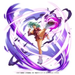 1girl :o ass loose_socks breasts cameltoe cleavage dark-skinned_female dark_skin full_body green_eyes green_hair ikkitousen kamihime_project_r kicking large_breasts miniskirt no_bra official_art panties pantyshot ryofu_housen school_uniform shiny_skin skirt solo standing standing_on_one_leg twintails underwear upskirt wide_hips