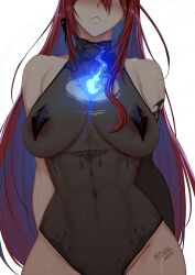 1girl abs absurdres areola_slip blue_fire blush breasts colored_inner_hair elizabeth_rose_bloodflame elizabeth_rose_bloodflame_(1st_costume) fire highres hololive hololive_english large_breasts leotard long_hair looking_at_viewer multicolored_hair muscular muscular_female myth1carts parted_lips red_hair solo translucent very_long_hair virtual_youtuber
