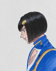 1boy baryu1427 black_hair blue_eyes blue_jacket blunt_bangs bob_cut bruno_bucciarati from_side hair_ornament hairclip high_collar highres jacket jojo_no_kimyou_na_bouken male_focus pectoral_cleavage pectorals profile simple_background solo upper_body vento_aureo white_background zipper zipper_pull_tab