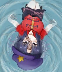 1girl bags_under_eyes black_eyes black_hair black_ribbon black_skirt breasts chinese_clothes commentary_request full_body hat hat_ornament highres horten491908 jiangshi large_breasts looking_at_viewer lying miyako_yoshika neck_ribbon newsboy_cap ofuda on_back open_mouth red_shirt ribbon ripples shirt short_hair short_sleeves skirt solo star_(symbol) star_hat_ornament stitches tangzhuang touhou water
