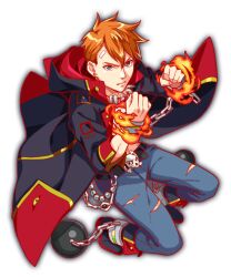 Rule 34 | 1boy, anime coloring, ankle boots, artist request, ball and chain restraint, bandaid, bandaid on face, bandaid on forehead, beads, belt, black belt, black boots, black coat, black hood, blue pants, bone ornament, boots, buttons, chained legs, chained wrists, clenched hands, closed mouth, coat, crash fever, denim, earrings, fingernails, fire, full body, game cg, gold buttons, grey eyes, hood, hooded coat, jeans, jewelry, looking at viewer, necklace, nose, number print, numbered, official art, open clothes, open coat, orange hair, pants, plain epaulettes, pocket, print sleeves, prometheus (crash fever), red sleeve cuffs, sanpaku, shark tooth, simple background, skull belt, sleeve cuffs, solo, square, square print, tachi-e, third-party source, three-quarter sleeves, tooth necklace, topless male, torn clothes, torn pants, transparent background, two-sided hood, v-shaped eyebrows