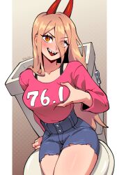 1girl 333_(dqqqdle) artist_name blonde_hair breasts chainsaw_man commentary cross-shaped_pupils demon_girl demon_horns english_commentary grabbing_own_breast hair_between_eyes highres horns long_hair looking_at_viewer open_mouth power_(chainsaw_man) red_horns sharp_teeth shorts sitting smile solo symbol-shaped_pupils teeth