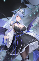 1girl absurdres bare_shoulders between_breasts black_dress black_horns black_pantyhose blue_collar blue_hair blue_ribbon braid breasts cleavage collar commentary_request cropped detached_sleeves dragon dragon_girl dragon_horns dragon_tail dress frilled_headwear frilled_sleeves frills hair_ornament highres horns large_breasts leg_armor long_hair looking_at_viewer original pantyhose parted_lips pointy_ears red_eyes ribbon side_braid silver_trim slit_pupils solo tail wide_sleeves yinghuahua