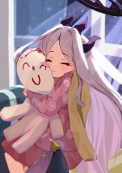 Rule 34 | 1girl, absurdres, black halo, blue archive, blush, character doll, closed eyes, commentary, demon girl, demon horns, demon wings, doll, doodle sensei (blue archive), halo, highres, hina (blue archive), hina (pajamas) (blue archive), horns, hug, indoors, jacket, long hair, night, pajamas, pink pajamas, polka dot, polka dot pajamas, purple eyes, sensei (blue archive), sitting, solo, star (sky), stuffed toy, teritama (teritama house), white hair, window, wings, yellow jacket