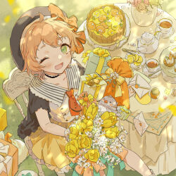 1girl ;d black_hat blush bouquet box cake chair collarbone cup flower food gift gift_box grass green_eyes hat highres holding holding_bouquet letter necktie on_chair one_eye_closed open_mouth orange_hair original outdoors red_necktie sitting skirt smile solo table tea teacup teapot yellow_flower yellow_skirt yutsumoe