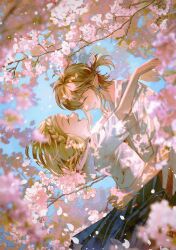 Rule 34 | 1boy, 1girl, alternate costume, blonde hair, braid, closed eyes, commentary, contemporary, couple, crown braid, earrings, flower, from side, grin, hair tie, hetero, highres, jewelry, jiuminene, link, nintendo, open mouth, pink flower, pink petals, ponytail, princess zelda, school uniform, shirt, short hair, short ponytail, smile, symbol-only commentary, the legend of zelda, the legend of zelda: tears of the kingdom, watermark, white shirt