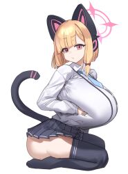 1girl absurdres animal_ear_headphones animal_ears black_skirt black_thighhighs blonde_hair blue_archive blue_necktie bow breasts cat_ear_headphones collared_shirt fake_animal_ears fake_tail full_body gya_rb hair_bow halo headphones highres huge_breasts long_sleeves looking_at_viewer looking_to_the_side momoi_(blue_archive) necktie pink_eyes pink_halo red_bow seiza shirt simple_background sitting skirt solo tail thighhighs white_background white_shirt