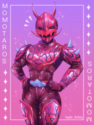 Rule 34 | 1boy, angele-darliing, armor, bodysuit, bright pupils, gradient background, hands on own hips, highres, kamen rider, kamen rider den-o (series), male focus, momotaros, monster, monster boy, oni, open mouth, red armor, sparkle, thighs, white pupils