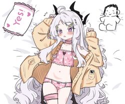 1girl absurdres blue_archive blush bow bow_camisole bow_panties camisole cardigan commentary_request demon_girl demon_horns doodle_sensei_(blue_archive) e_v_e_neko frilled_pillow frilled_thigh_strap frills hair_ornament hairclip highres hina_(blue_archive) horns long_hair looking_at_viewer lying on_back open_cardigan open_clothes open_mouth panties pillow pink_camisole pink_panties polka_dot polka_dot_camisole polka_dot_panties purple_eyes sensei_(blue_archive) sleeves_past_wrists thick_eyelashes thigh_strap underwear white_hair yellow_cardigan yes yes-no_pillow