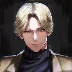 Rule 34 | 1boy, artist name, black background, black sweater, blonde hair, brown jacket, closed mouth, commentary, hashtag-only commentary, henoopd, highres, jacket, johan liebert, light smile, lips, looking at viewer, male focus, monster (manga), portrait, purple eyes, short hair, solo, sweater