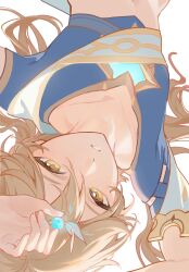 1boy absurdres aether_(genshin_impact) annshiro76 black_shirt blonde_hair collarbone commentary earrings genshin_impact hair_between_eyes highres holding_earrings jewelry long_hair looking_at_viewer looking_up lying male_focus midriff on_back scarf shirt short_sleeves simple_background solo symbol-only_commentary teeth white_background white_scarf yellow_eyes