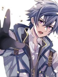 1boy black_gloves black_hair coat double-parted_bangs eiyuu_densetsu gloves hair_between_eyes mullet natsusechoco open_mouth purple_eyes rean_schwarzer sen_no_kiseki sen_no_kiseki_(series) sen_no_kiseki_i sen_no_kiseki_iii solo upper_body zipper_pull_tab