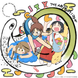 3girls ^_^ ayumu_niikura bag black_hair blush brown_eyes brown_hair calligraphy calligraphy_brush city_(arawi_keiichi) closed_eyes closed_mouth collared_shirt english_text holding hood hoodie ink_wash_painting inkwell izumi_wako licking_lips lying multiple_girls nagumo_midori necktie on_stomach open_mouth paintbrush ponytail red_necktie shirt shoes short_hair shorts shoulder_bag skirt smile snake tokuyama_tamami tongue tongue_out white_shirt