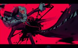 1boy ama0805 animal_print blood coat colored_skin demon_boy fur-trimmed_coat fur_trim hat hazbin_hotel heart heart-shaped_eyewear highres long_coat looking_at_viewer pink_coat purple_skin red_eyes sharp_teeth solo teeth valentino_(hazbin_hotel) zebra_print