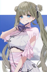 1girl absurdres blonde_hair blue_eyes blush commentary_request double_bun dress gloves hair_bun hanabusa_lisa hanabusa_lisa_(3rd_costume) highres long_hair looking_at_viewer mfy_a pink_dress solo twintails v virtual_youtuber vspo!