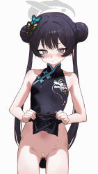 1girl absurdres bandaid bandaid_on_pussy black_butterfly black_hair blue_archive blue_butterfly blush breasts bug butterfly butterfly_hair_ornament china_dress chinese_clothes closed_mouth clothes_lift collarbone cowboy_shot dot_nose double_bun dragon_print dress dress_lift eco_376124 gluteal_fold grey_eyes grey_halo hair_bun hair_intakes hair_ornament halo highres insect kisaki_(blue_archive) lifting_own_clothes long_hair no_panties pelvic_curtain short_dress sidelocks simple_background sleeveless sleeveless_dress small_breasts solo standing sweat turtleneck turtleneck_dress twintails white_background