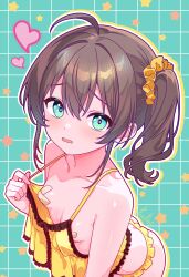 1girl ahoge artist_name bandaid bandaids_on_nipples bare_shoulders blush breasts brown_hair camisole crossed_bandaids embarrassed finn_flint frilled_camisole frills furrowed_brow green_background green_eyes hair_between_eyes hair_ornament hair_scrunchie heart heart_in_eye highres hololive looking_at_viewer natsuiro_matsuri official_alternate_costume panties parted_lips pasties scrunchie side_ponytail signature small_breasts solo star_(symbol) symbol_in_eye underwear virtual_youtuber wavy_mouth yellow_camisole yellow_panties yellow_scrunchie