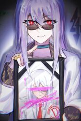 Rule 34 | 1boy, bright pupils, censored, censored identity, earrings, grey hair, grin, hair between eyes, highres, holding, holding photo, ichinose kazuma, iei, ikiaszhsa, jacket, jewelry, long hair, looking at viewer, male focus, photo (object), red eyes, ring, sidelocks, smile, solo, spotlight, tribe nine, upper body, white jacket, white pupils