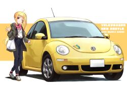 Rule 34 | 1girl, ahoge, black pants, blonde hair, bocchi the rock!, bow, bowtie, car, commentary request, detached ahoge, full body, highres, hood, hooded jacket, ijichi nijika, jacket, long hair, minosu, motor vehicle, multicolored jacket, pants, polka dot bowtie, red bow, red bowtie, red eyes, shirt, shoshinsha mark, side ponytail, solo, two-tone background, two-tone jacket, volkswagen, volkswagen beetle, waving, wavy hair, white shirt