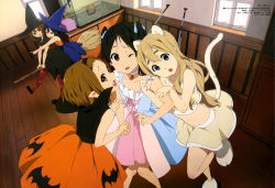 Rule 34 | 5girls, :o, absurdres, akiyama mio, animal ears, animal print, bat print, black eyes, black hair, blonde hair, blue eyes, broom, broom riding, brown eyes, brown hair, cat ears, cat tail, choker, dress, fang, fangs, hair ribbon, hairband, halloween, hat, highres, hirasawa yui, ho-kago tea time, jack-o&#039;-lantern, k-on!, kotobuki tsumugi, leg lift, legs, long hair, multiple girls, nakano azusa, navel, official art, one eye closed, open mouth, pantyhose, paw pose, pointing, pointy ears, ribbon, round teeth, short hair, tail, tainaka ritsu, teeth, ton-chan, twintails, witch, witch hat, yamada naoko