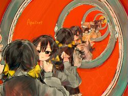 1girl apricot_(vocaloid) bi_(nekoinuhotdog) black_dress black_eyes black_hair blush bow broken_mirror closed_mouth dress grey_shirt hair_bow hand_up hat holding holding_own_hair iyowa_girls long_hair long_sleeves looking_at_mirror low_twintails mirror multiple_hair_bows multiple_views nightcap pajamy_(vocaloid) playing_with_own_hair recursion red_background reflection riko_(iyowa) shirt simple_background smile song_name twintails waving yellow_bow