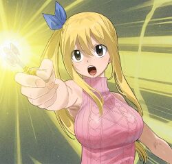 1girl alternate_costume blonde_hair breasts brown_eyes fairy_tail gaston18 highres holding holding_key key large_breasts long_hair lucy_heartfilia open_mouth pink_sweater sleeveless sleeveless_sweater solo sweater teeth turtleneck turtleneck_sweater upper_body upper_teeth_only