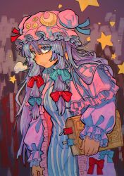 1girl absurdres blue_bow book bookmark bow closed_mouth coat commentary_request dress frilled_coat frills hair_bow hat highres holding holding_book inuyama_konan long_hair long_sleeves mob_cap open_clothes open_coat patchouli_knowledge pink_coat pink_hat purple_eyes purple_hair red_bow solo standing star_(symbol) striped_clothes striped_dress touhou upper_body