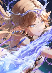 1girl absurdres bare_shoulders black_collar blonde_hair blue_eyes breasts cartethyia_(wuthering_waves) chigusa7h collar commentary_request crown_of_thorns earrings highres holding holding_sword holding_weapon jewelry long_hair looking_at_viewer medium_breasts pointy_ears solo sword tabard tacet_mark_(wuthering_waves) tearing_up weapon white_tabard wuthering_waves