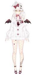1girl a_shi_komaki absurdres aran_sweater black_halo bow bow_choker bridal_gauntlets buttons cable_knit chest_bow choker closed_mouth demon_wings fishnet_leggings frilled_shirt frills full_body hair_bow halo highres jacket leg_tattoo leggings long_hair long_sleeves looking_at_viewer mini_wings mole mole_under_eye official_art pointy_ears ponytail puffy_long_sleeves puffy_sleeves red_bow red_choker red_footwear red_shirt shirt single_bare_shoulder single_off_shoulder sleeveless sleeveless_shirt smile solo standing stardust_project straight-on sweater sweater_jacket tachi-e tattoo transparent_background virtual_youtuber white_bow white_bridal_gauntlets white_hair white_leggings white_sweater wings