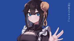 Rule 34 | 1girl, asa (o0 asa 0o), black dress, blue background, blue eyes, breasts, brown hair, cleavage, cleavage cutout, closed mouth, clothing cutout, colored inner hair, commentary request, double bun, dress, hair between eyes, hair bun, highres, hiiragi magnetite, long hair, looking at viewer, mandarin collar, multicolored hair, second-party source, simple background, solo, translation request