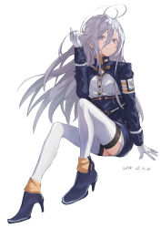 1girl 86_-eightysix- absurdres ankle_boots antenna_hair belt blue_boots blue_jacket boots closed_mouth cropped_jacket gloves hair_between_eyes high-waist_skirt high_heel_boots high_heels highres jacket long_hair long_hair_between_eyes long_sleeves looking_at_viewer military_jacket military_uniform simple_background skirt solo thighhighs urhika vladilena_millize white_background white_belt white_eyes white_gloves white_hair white_thighhighs
