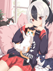 1girl 3others absurdres black_cat black_hair black_horns black_jacket blue_archive cat cat_on_person curtains highres horns jacket kayoko_(blue_archive) looking_at_viewer lying multicolored_hair multiple_others on_back orange_cat parted_lips plaid_clothes plaid_skirt red_eyes red_skirt skirt white_hair window x155137