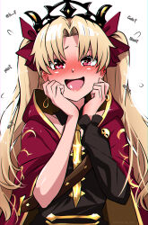 1girl absurdres black_dress blonde_hair dress earrings ereshkigal_(fate) fate/grand_order fate_(series) fukou hands_up highres jewelry long_hair looking_at_viewer open_mouth red_eyes red_hood smile solo two_side_up white_background