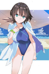 1girl aoi_erika beach black_hair blue_one-piece_swimsuit blue_sky bracelet breasts cape cloud cloudy_sky collarbone green_eyes heaven_burns_red highleg ivy large_breasts leaf_bracelet looking_at_viewer medium_hair ocean one-piece_swimsuit sky solo swimsuit white_cape wristband yuugen