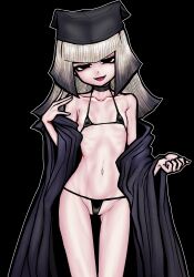 1girl absurdres bikini black_background black_bikini black_eyes black_headwear black_kimono breasts chajinbou collarbone fate/grand_order fate_(series) grey_hair highres japanese_clothes kimono long_hair looking_at_viewer micro_bikini navel nazo_no_diaboro off_shoulder open_clothes open_kimono open_mouth sen_no_rikyu_(fate) sen_no_rikyu_(second_ascension)_(fate) simple_background skinny small_breasts smile solo swimsuit thigh_gap translation_request