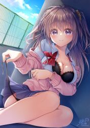 1girl black_bra black_panties blue_skirt blush bow bra breasts brown_hair cardigan cleavage closed_mouth collared_shirt hair_ornament highres large_breasts long_hair long_sleeves looking_at_viewer medium_breasts open_cardigan open_clothes original panties pink_cardigan pleated_skirt purple_eyes red_bow school_uniform shirt skirt smile solo underwear white_shirt yorarry