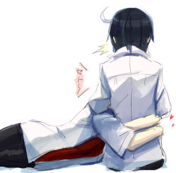 2boys ahoge bad_id bad_pixiv_id black_hair from_behind hug kido_hyde lap_pillow male_focus multicolored_hair multiple_boys seth_(under_night_in-birth) short_hair short_sleeves ^^^ two-tone_hair under_night_in-birth waist_hug white_hair yaoi yusano