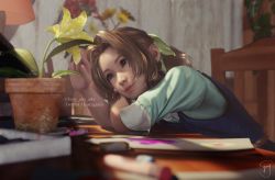 1girl 3d aerith_gainsborough blue_dress brown_hair chair child desk dress emy-san final_fantasy final_fantasy_vii final_fantasy_vii_remake flower gainsborough_house green_eyes green_ribbon green_shirt hair_ribbon highres lamp lily_(flower) looking_at_flowers parted_bangs ponytail ribbon shirt short_sleeves sidelocks sitting smile solo square_enix upper_body vase yellow_flower