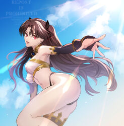 Rule 34 | 1girl, absurdres, armlet, ass, bare shoulders, bikini, black hair, black thighhighs, blue sky, bracelet, breasts, detached sleeves, fate/grand order, fate (series), gold trim, hair ribbon, highres, ishtar (fate), jewelry, long hair, looking at viewer, medium breasts, mismatched bikini, neck ring, open mouth, outstretched arm, parted bangs, red eyes, ri-ko, ribbon, single detached sleeve, single thighhigh, sky, smile, solo, swimsuit, thighhighs, thighlet, thighs, two side up