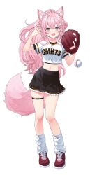 1girl animal_ears ball baseball baseball_(object) baseball_glove baseball_uniform black_skirt hakui_koyori hololive izumi_sai long_hair loose_socks midriff nippon_professional_baseball official_art pink_hair shirt shoes skirt sneakers socks sportswear tail transparent_background virtual_youtuber white_shirt wolf_ears wolf_girl wolf_tail yomiuri_giants