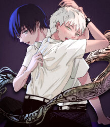 2boys :d arm_support belt black_eyes black_hair black_pants clothes_grab collared_shirt cowboy_shot from_behind grey_eyes hands_up highres hikaru_ga_shinda_natsu hitumeji indou_hikaru looking_at_viewer looking_back looking_to_the_side male_focus mole mole_on_cheek mole_under_mouth multiple_boys multiple_moles open_mouth pants purple_background red_pupils school_uniform shirt shirt_grab shirt_tucked_in short_hair short_sleeves sitting smile teeth tsujinaka_yoshiki upper_teeth_only very_short_hair watch white_hair white_shirt wristwatch