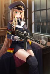 1girl absurdres armband assault_rifle black_necktie blonde_hair blue_jacket blue_skirt breasts buttons commission double-breasted enpera_(jdud8375) german_flag girls&#039;_frontline gloves green_eyes gun highres jacket looking_at_viewer medium_breasts military_uniform necktie pencil_skirt rifle shirt sitting skirt smile solo stg44 stg44_(girls&#039;_frontline) thighs weapon white_gloves white_shirt