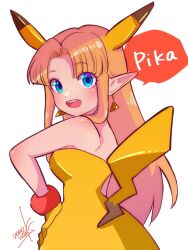 1girl 2021 animal_ears bad_tag blonde_hair butt_crack cosplay dress earrings elf eyebrows female gen_1_pokemon gloves jewelry light_smile long_hair looking_at_viewer looking_back nintendo nonoworks pikachu pikachu_(cosplay) pointy_ears pokemon pokemon_(cosplay) pokemon_(creature) princess_zelda simple_background smile smiley_face solo speech_bubble tail the_legend_of_zelda triforce triforce_earrings white_background yellow_gloves zelda_(a_link_between_worlds)