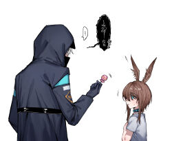 ... 2girls amiya_(arknights) animal_ear_fluff animal_ears arknights blue_eyes brown_hair candy commentary_request doctor_(arknights) drlee_lili female_doctor_(arknights) food gloves grey_gloves grey_jacket hair_between_eyes highres holding holding_candy holding_food holding_lollipop hood hood_up hooded_jacket jacket lollipop long_sleeves multiple_girls parted_lips rabbit_ears shirt short_sleeves simple_background small_sweatdrop spoken_ellipsis sweat translation_request white_background white_hair white_shirt
