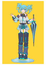 1girl absurdres aqua_eyes aqua_hair aqua_nails asymmetrical_sleeves boots border braid braided_bun detached_collar detached_leggings detached_sleeves double_bun earrings facial_mark full_body hair_bun hatsune_miku highres jewelry looking_up puddle see-through_clothes see-through_skirt see-through_sleeves skirt sleeveless solo standing strap_slip striped_sleeves umbrella vocaloid white_border yellow_background zephda