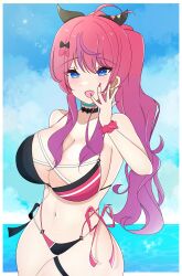 Rule 34 | 1girl, ahoge, beach, bikini, blue eyes, bow, breasts, collarbone, esttea, gradient hair, hair bow, hair ornament, hair ribbon, kuramochi meruto, large breasts, legs, long hair, multicolored hair, navel, nijisanji, open mouth, pink hair, ponytail, purple hair, red hair, ribbon, sky, summer, swimsuit, virtual youtuber