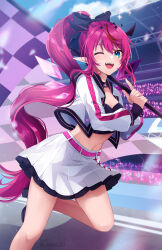 1girl black_choker blue_eyes breasts choker commentary crop_top crystal_wings double_halo english_commentary flag halo highres holding holding_flag hololive hololive_english irys_(hololive) jacket k-rumi long_hair looking_at_viewer medium_breasts official_alternate_costume one_eye_closed pointy_ears ponytail purple_hair red_hair skirt smile solo very_long_hair virtual_youtuber white_jacket white_skirt