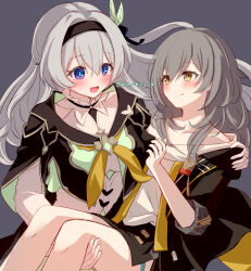 2girls black_hairband black_jacket black_skirt blue_pupils blush carrying collared_shirt cropped_jacket firefly_(honkai:_star_rail) grey_background grey_hair hair_between_eyes hair_intakes hair_ornament hair_ribbon hairband highres honkai:_star_rail honkai_(series) jacket miniskirt multicolored_eyes multiple_girls neckerchief open_clothes open_jacket open_mouth orange_neckerchief princess_carry ribbon shirt simple_background skirt smile stelle_(honkai:_star_rail) tomoe_(pixiv_53856103) trailblazer_(honkai:_star_rail) twitter_username two-tone_eyes white_shirt white_sleeves yellow_eyes