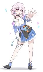1girl absurdres ankle_boots badge black_boots black_choker black_overskirt blue_boots blue_eyes blue_jacket blue_skirt boots bra_strap breasts button_badge buttons camera choker collarbone earrings full_body high_heel_boots high_heels highres honkai:_star_rail honkai_(series) jacket jewelry long_sleeves looking_at_viewer makuraapillow march_7th_(honkai:_star_rail) march_7th_(preservation)_(honkai:_star_rail) medium_breasts medium_hair miniskirt multicolored_boots multicolored_eyes off-shoulder_jacket off_shoulder open_hand overskirt pink_eyes pink_hair pink_jacket pleated_skirt shirt single_earring skirt smile solo standing thigh_strap tied_jacket twitter_username two-tone_boots two-tone_eyes underbust white_shirt