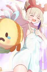 1girl absurdres amanogawa_shiina blonde_hair blurry blurry_background breasts closed_eyes collarbone crab_hair_ornament highres multicolored_hair naked_towel open_mouth phase_connect purple_hair sad_bee_(amanogawa_shiina) satoti_chang streaked_hair stuffed_bee tearing_up towel virtual_youtuber wet